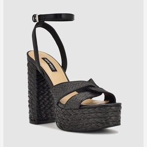 Nine West Black Raffia Woven Platform Heel Sandals